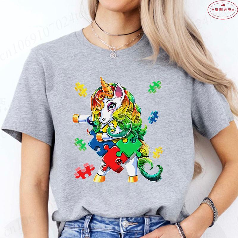 Autism Awareness TShirt for Unisex Clothing Summer O Neck Short Sleeve Tees Shirt Awareness Month Unicorn Graphic Y2k Tops