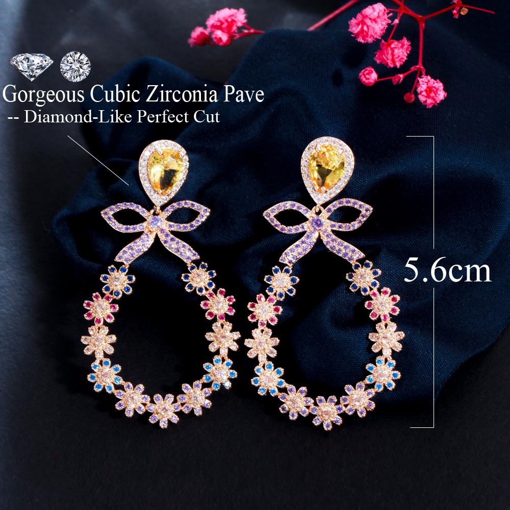 WWJ Graceful Gold Color Multicolor Cubic Zirconia Bowknot Flower Drop Earrings