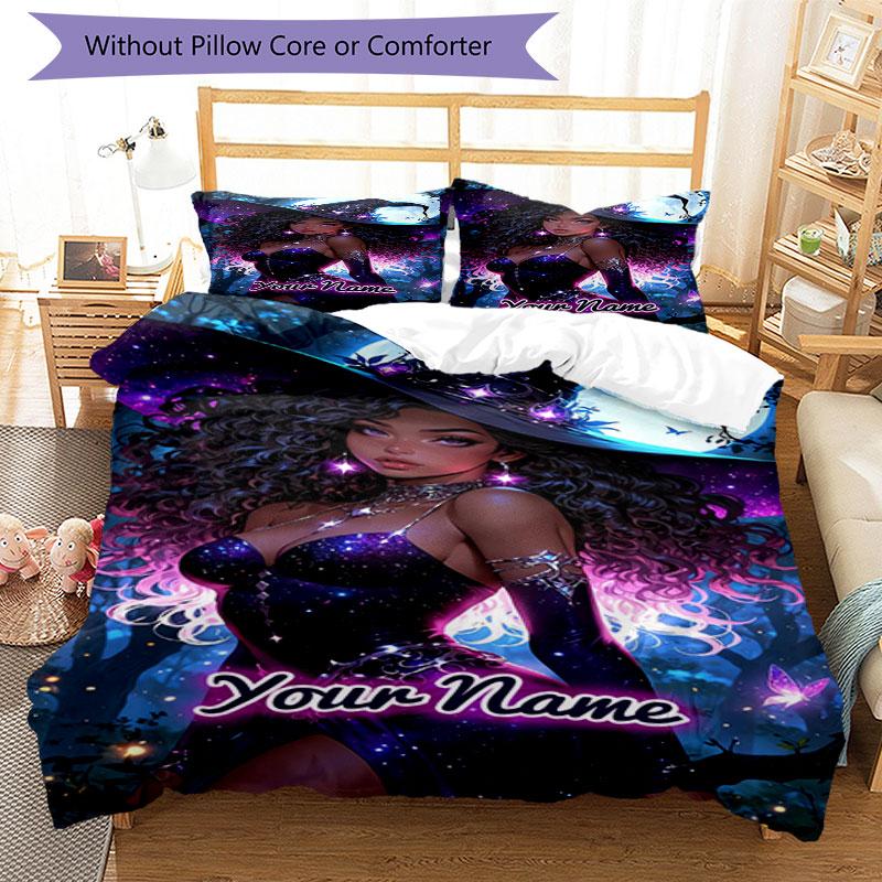 3pcs Custom Name Witch Moonlight Bedding Set Printed Bedding Set Duvet Cover Closure Includes 1 Duvet Cover & 2 Pillowcases Bedroom Decor