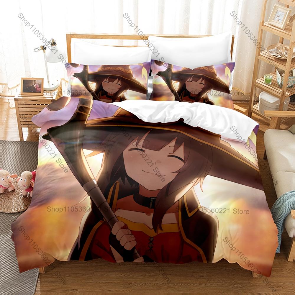 Cool Megumin Konosuba Duvet Cover + 2 Pillowcases Kazuma Aqua Darkness Collage Print Soft Quilt Cover Set New Anime Bedroom Deco