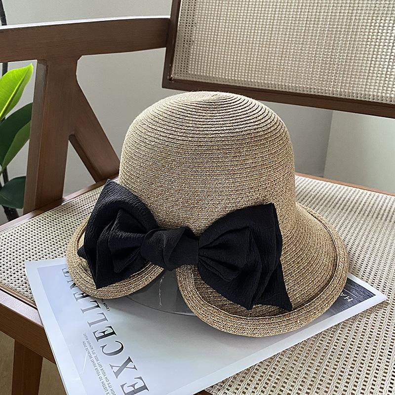 Elegant ribbon bow pearl grass hat women's summer dome seaside outing shading versatile top hat tide