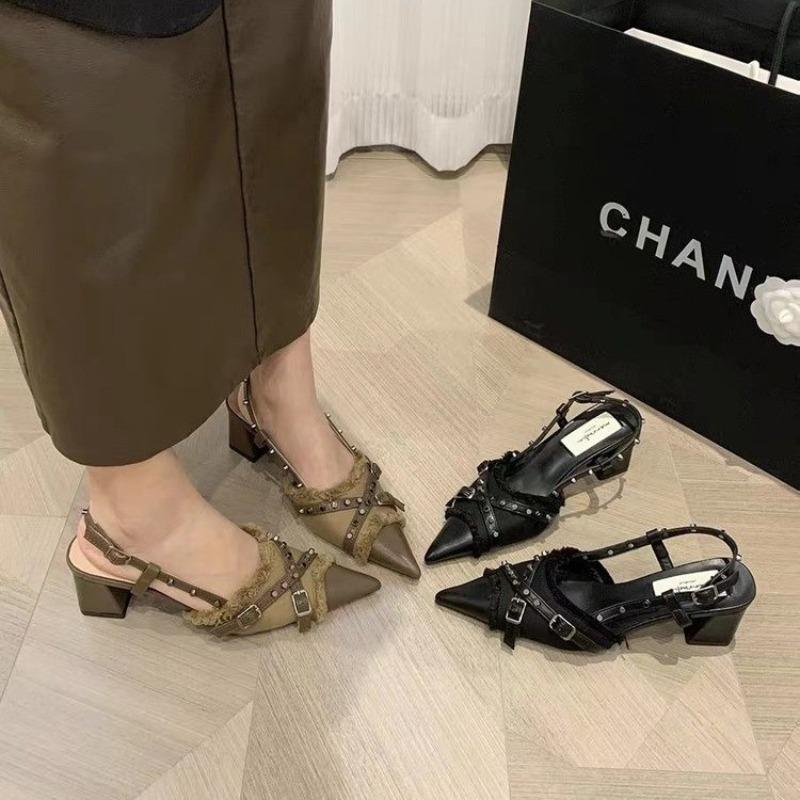 New Style Sexy Fashionable T-Strap Ladies Heels Shoes Female Slides Pointed Toe Mules Rivet Women Thin High Heels Shoes Footwear