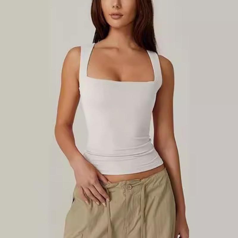 Summer Women's Square Neck Sleeveless Double Layer Tank Top Basic Tight T-shirt