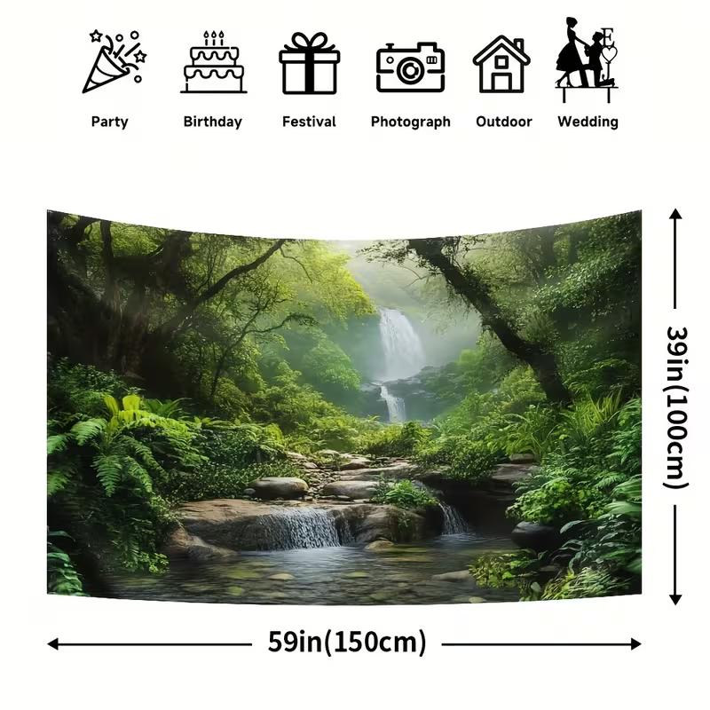 2D Lush Jungle Waterfall Tapestry Misty Stream Backdrop Cloth for Living Room