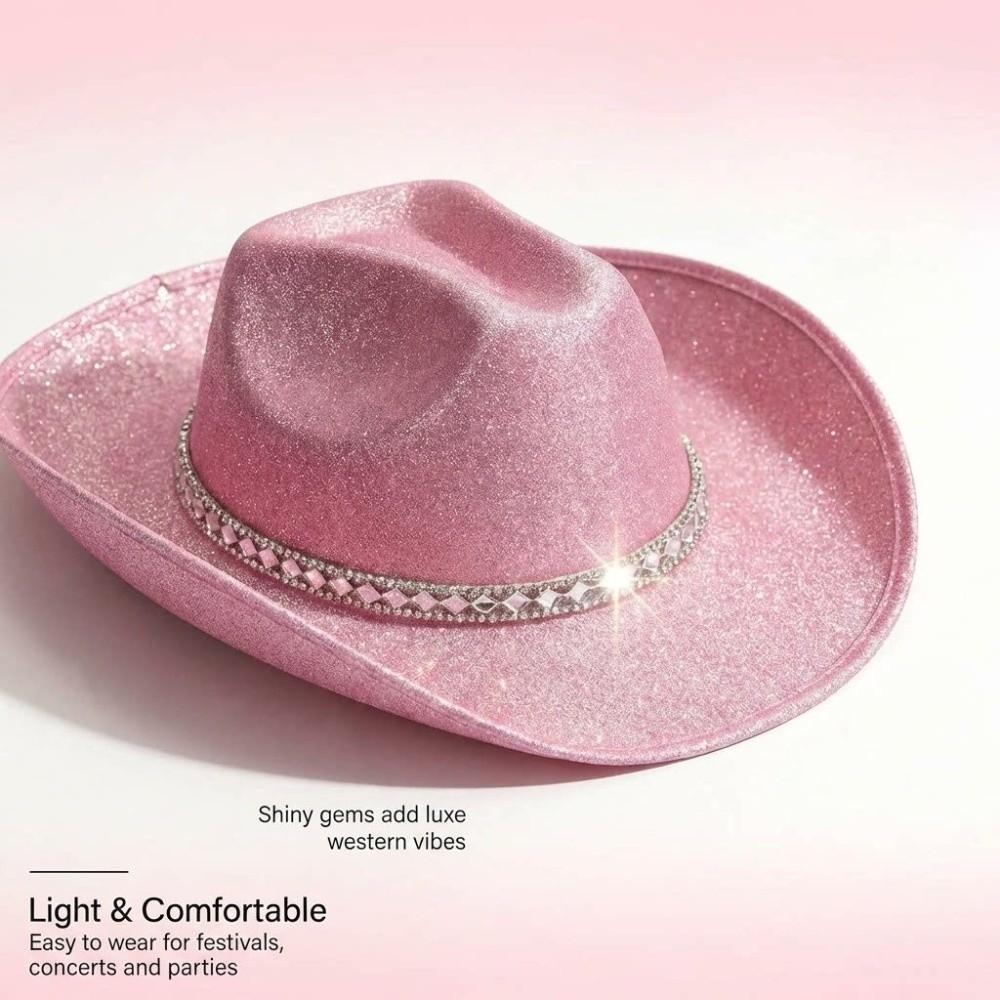 Rhinestone Band Glitter Cowboy Hat Wide Curved Brim Western Cowboy Hat Festival Accessory