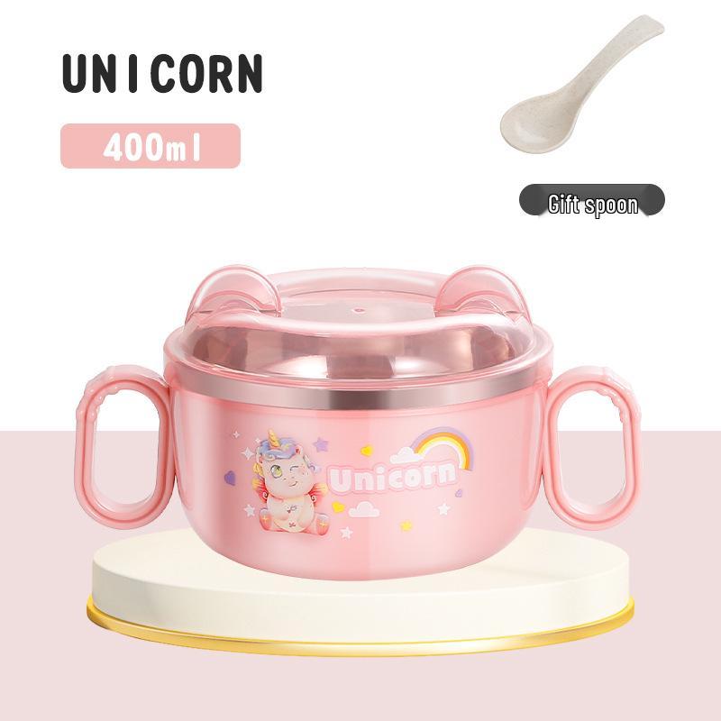 304 Stainless Steel Anti-fall Children's Bowl with Lid, Double Ear, Cute Cartoon for Infants.