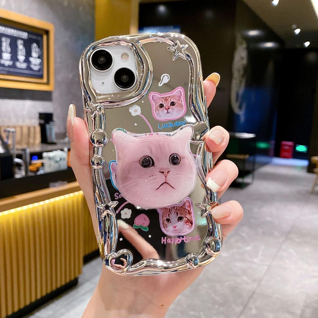 Three Dimensional Wave Electroplating Suitable for Apple 16PRO Cute Cat Phone Case IPhone XR Mirror Flash Drill Soft Case