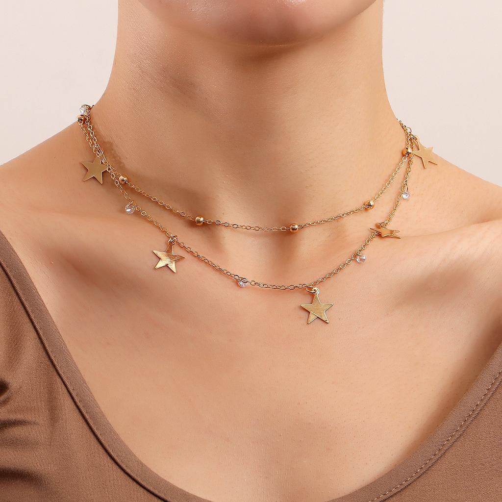 Trend Double Clavicle Chain Pentagram Pendant Necklace Women's ins Metal Wind Necklace Versatile