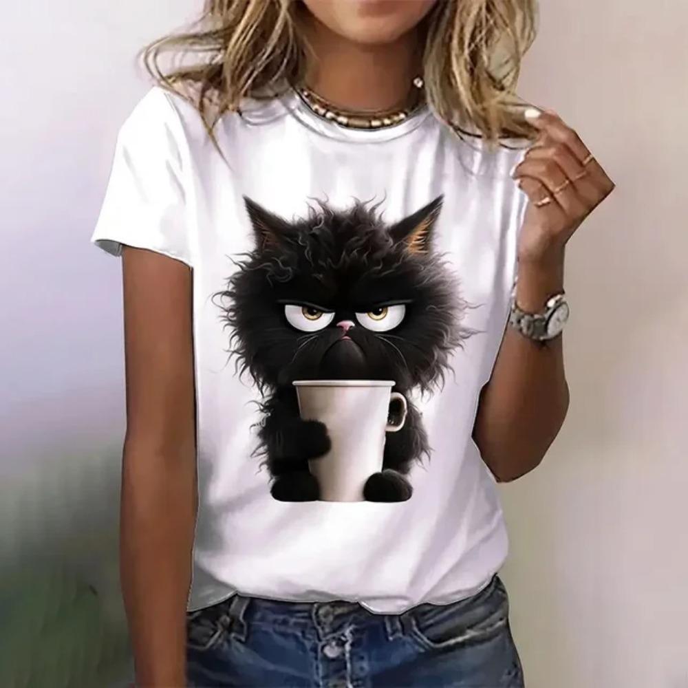 Summer fashion cat 3D printed T-shirt for women's casual round neck