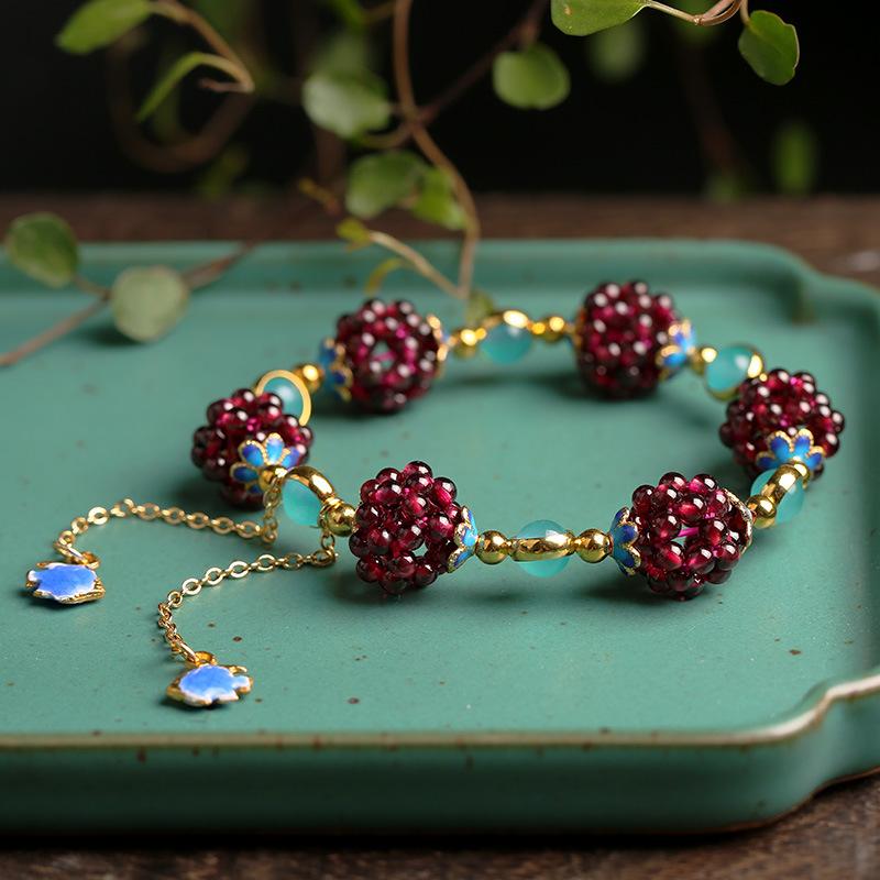 Vintage Garnet Beaded Bracelet, Gold-Plated Enamel & Turquoise Stone Adjustable Bracelet