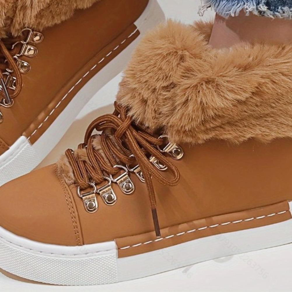 Fashion Women's Boots 2025 Christmas New Fashion Lace-Up Fuzzy Detail Lined Ankle Boots Casual Daily Round Toe Flat Boots