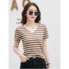 Women's V-neck T-shirt Solid Color Loose Short-sleeved Striped Casual Style XS Size for Summer Leisure Tops