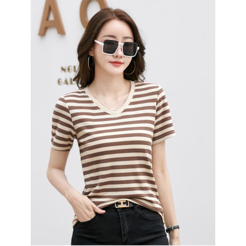 Women's V-neck T-shirt solid color loose short-sleeved striped casual style XS size for summer leisure tops