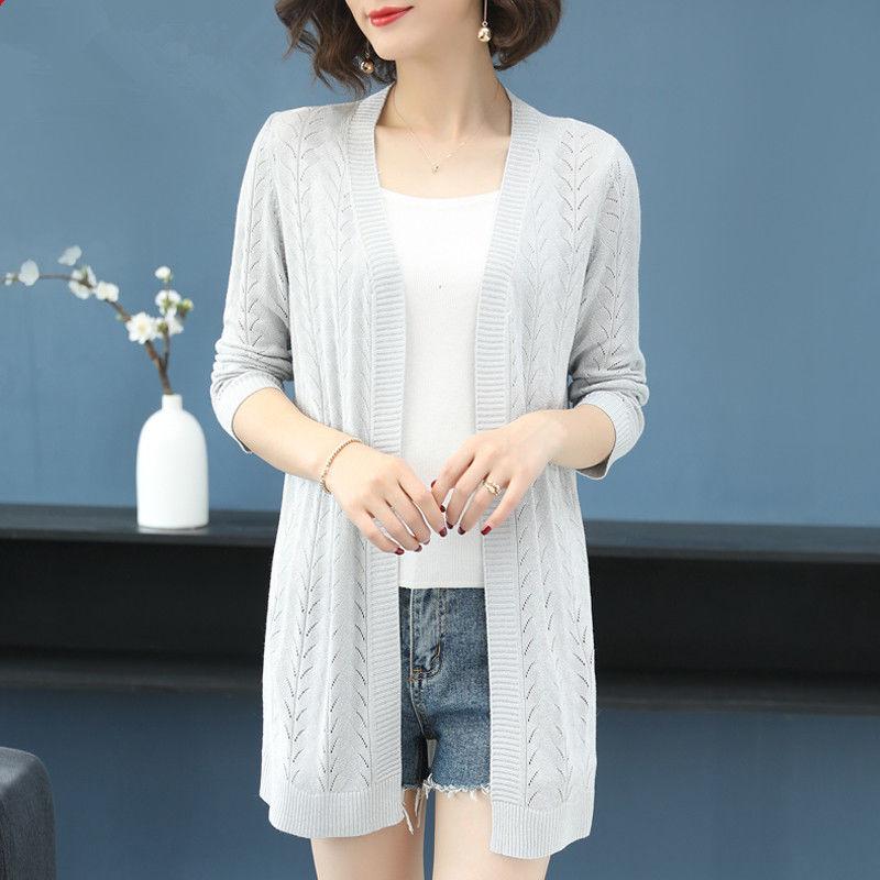 

Весенне-осенний женский вязаный кардиган поверх тонкого пальто средней длины L светло-серый