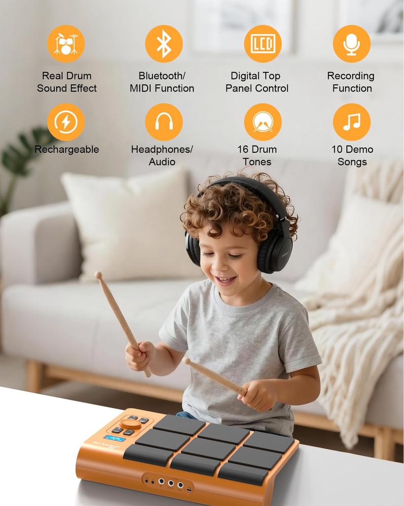 OYAYO TD02 Electronic Drum Kit Desktop Portable Digital Drum Kit for Beginners Velocity LED MIDI Connectivity 9-Pad - - Sensing, Lights, Compatible,