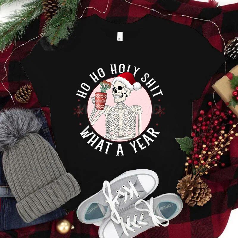 Ho Ho Ho Weihnachtsshirt mit kurzen Ärmeln für Damen Weihnachtsmannmütze Totenkopf Street Style Kleidung Damen Trendiges Neujahrsshirt