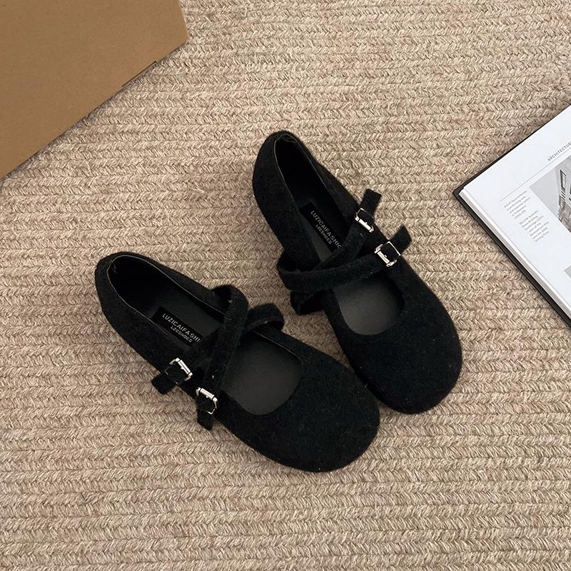 Square Toe Fleece Flet Ballet Flats Woman Winter Warm Wool Mary Jane Shoes Ladies Brand Design Elegant Plush Loafers