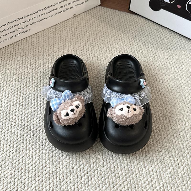 Cute and Sweet Shirley Rose Bow Hole Shoes Women's Summer 2025 Fashion Outer Wear Lace Edge Bag Head Slippers