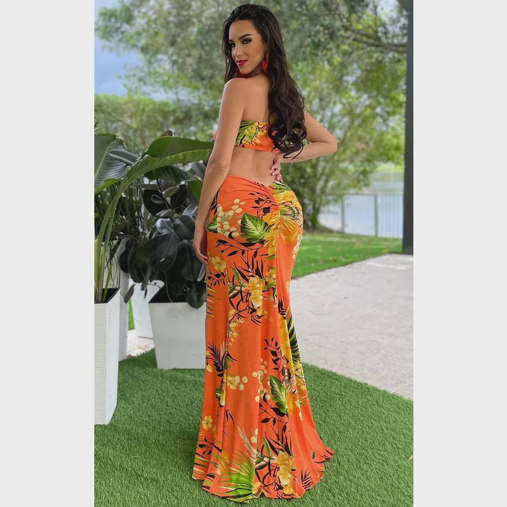 European & American Women's Printed Sexy Slit Sling Long Dress