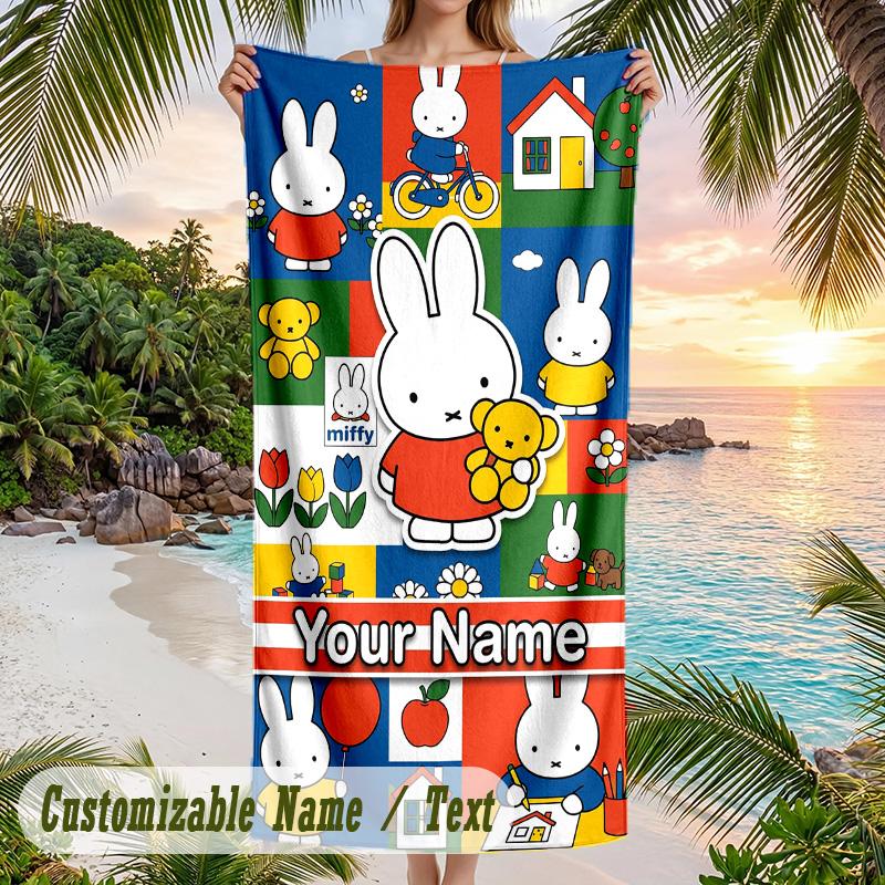 Miffy Beach Towel, Personalized Custom Text, Quick Dry Soft Large Towel For Swimming Pool Travel