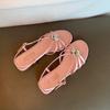 Sheepskin version~ Elegant gemstone buckle with thin strap open toe one-word strap sandals women's summer rhinestone leather flat pig cage sandals