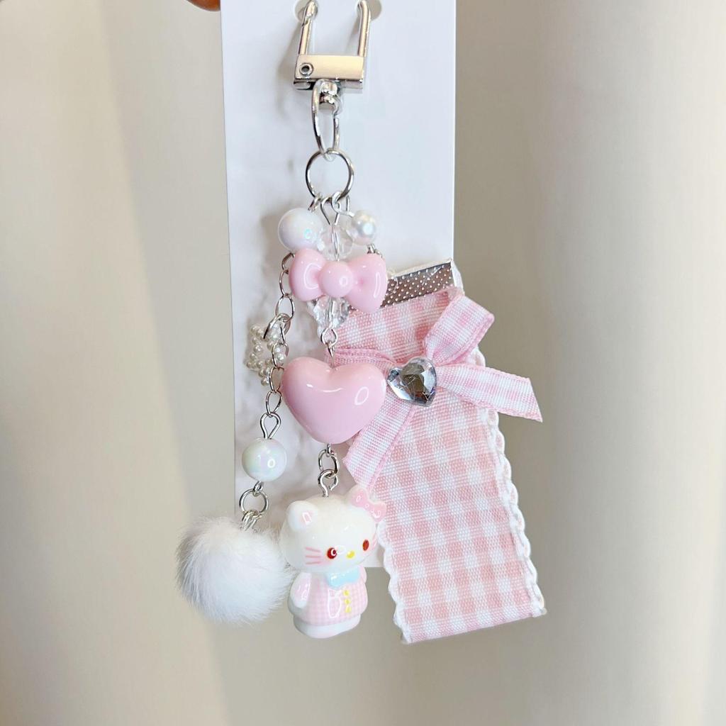Pink Cartoon Cat Phone Charm & Heart Fur Ball Keychain Pendant