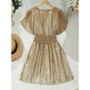 Metallic Texture Deep V Neck Ruffle Short Sleeve Solid Smocked Midi Dress For Women