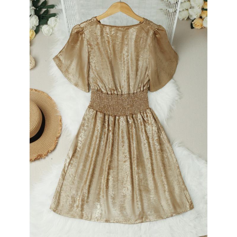 Metallic Texture Deep V Neck Ruffle Short Sleeve Solid Smocked Midi Dress For Women