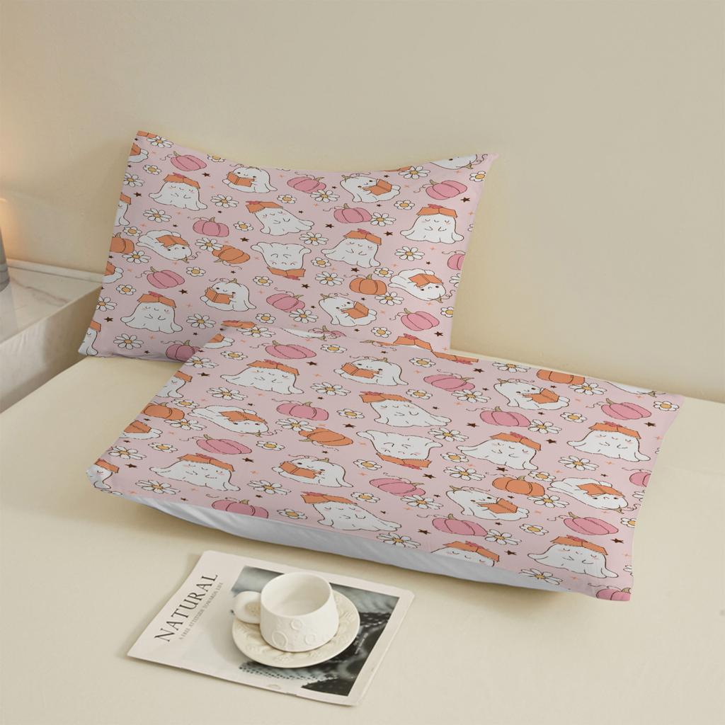 1pcs Ghost Pink Pumpkin Fitted Sheet Bedroom Halloween Theme Digital Printed 100% Polyester Cozy Bed Cover (No Pillowcase)