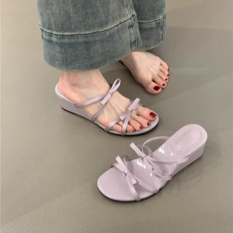 

Summer 2025 Women s Wedge Heel Slippers with Butterfly Knot Soft Bottom Outdoor Wear Microfiber Korean Style Ladies Slides 40 фіолетовий