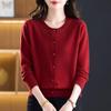 Women's Pure Wool Knit Cardigan - Spring Fashion Casual Round Neck Sweater for Middle-aged Mothers, Autumn/Winter Outerwear