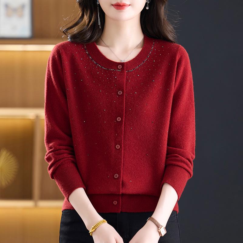 Women's Pure Wool Knit Cardigan - Spring Fashion Casual Round Neck Sweater for Middle-aged Mothers, Autumn/Winter Outerwear
