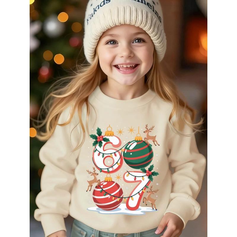 Kids Unisex Crewneck Sweatshirt, Christmas Bauble Reindeer Holly Light String 67 Graphic Long Sleeve Pullover, Soft Sweatshirts for Boys Girls Ages 4+