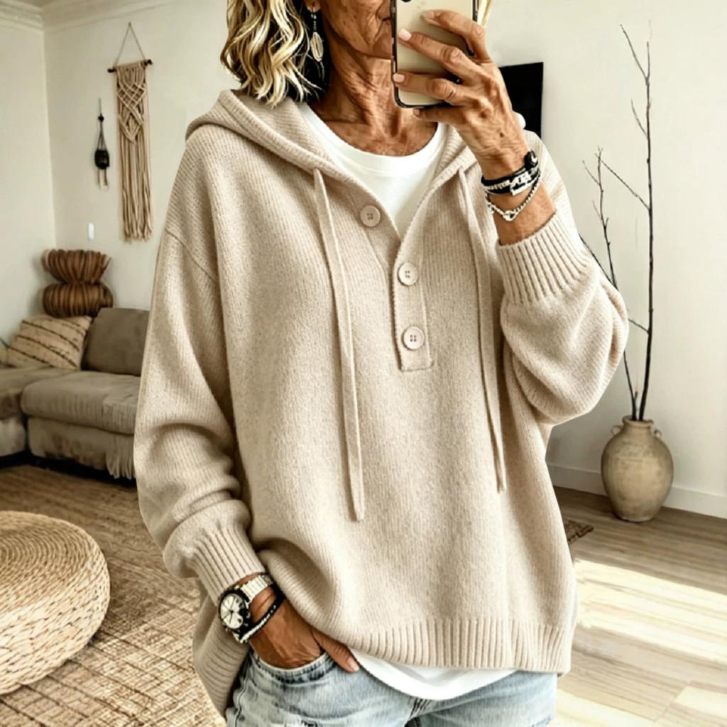 Women's Color Long Sleeve Hooded Button Loose Sweater Top