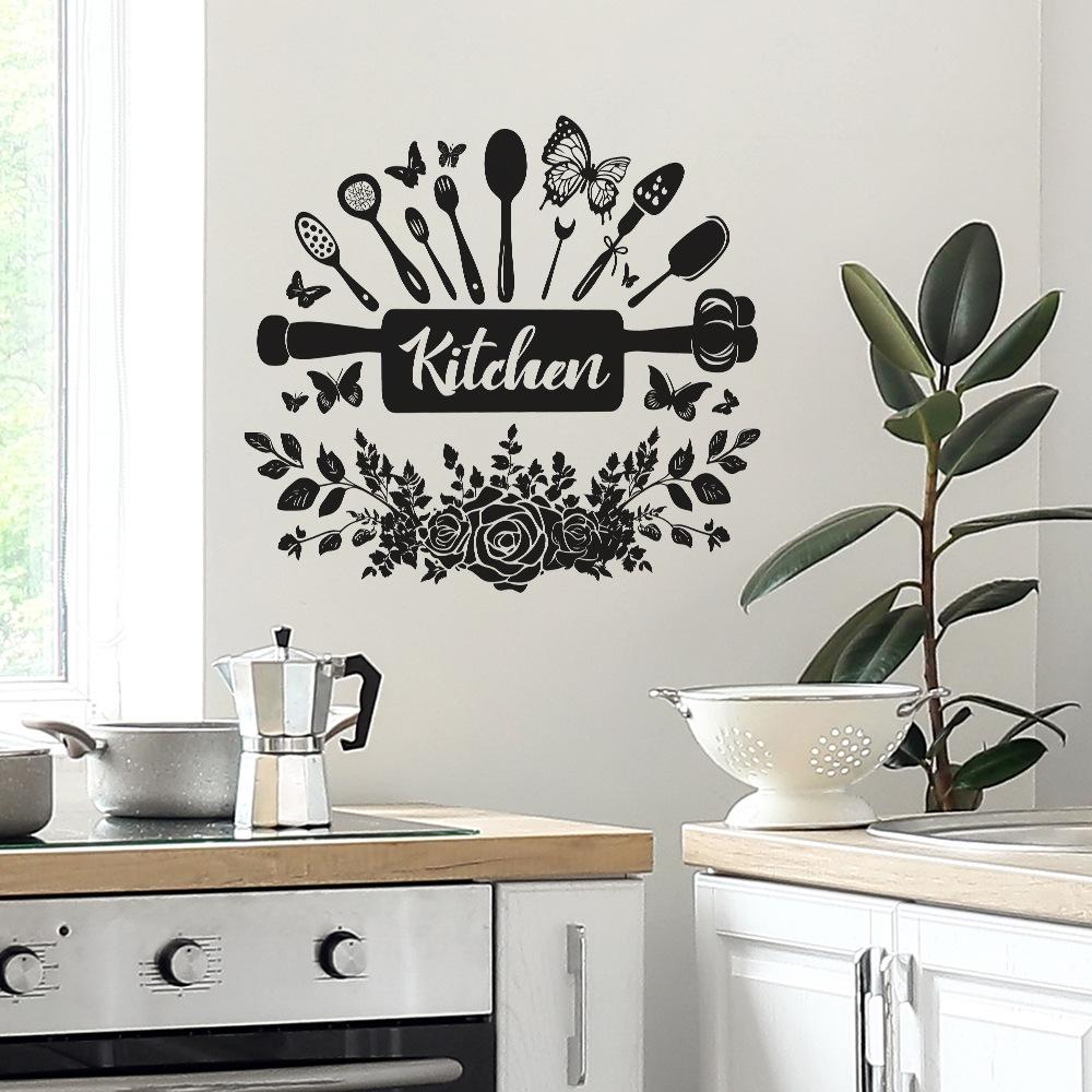 Creative Kitchen Utensils & Floral Wall Sticker Self-Adhesive Removable Bedroom Living Room Hallway Dorm Home Decor Art