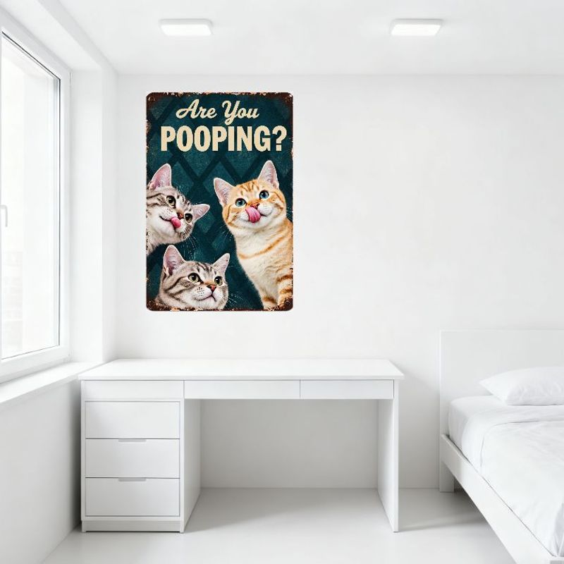 Vintage Crisscross Pattern Metal Sign 'Are You POOPING?' with Cats - Dark Teal Background Rusty Edges Humorous Bathroom Decor Ti