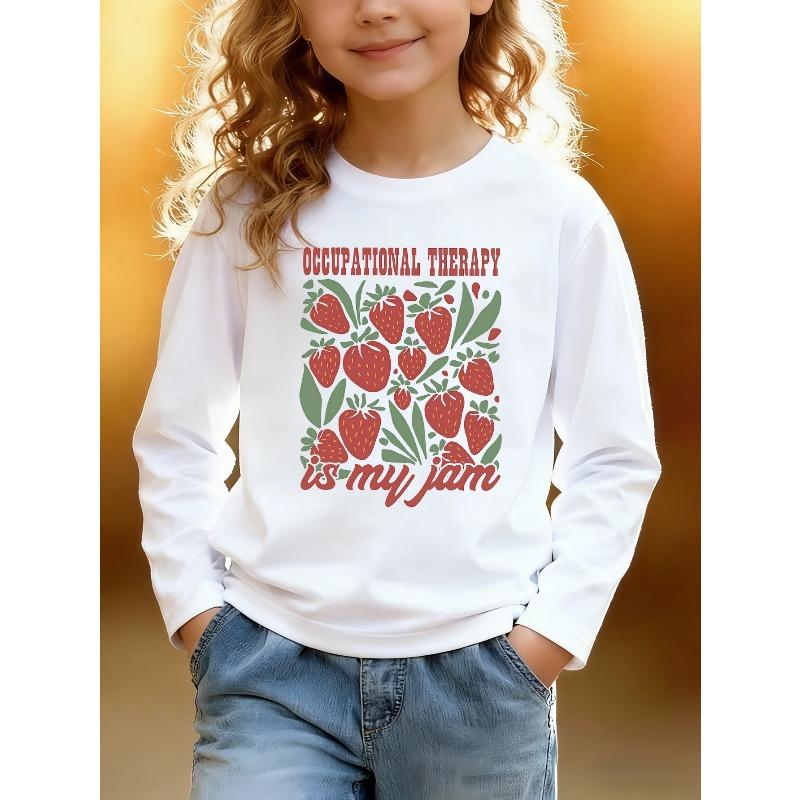 European sizes Kids  Long Sleeve Top, Fashionable Long Sleeve T-Shirt for Kids, Strawberry Pattern Text Print Top, Fun Letter Print, Daily Casual Wear 110
