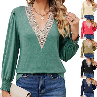2024 Europäisches und amerikanisches neues einfarbiges T-Shirt mit V-Ausschnitt und goldener Spitze, lockeres Langarm-T-Shirt für Damen