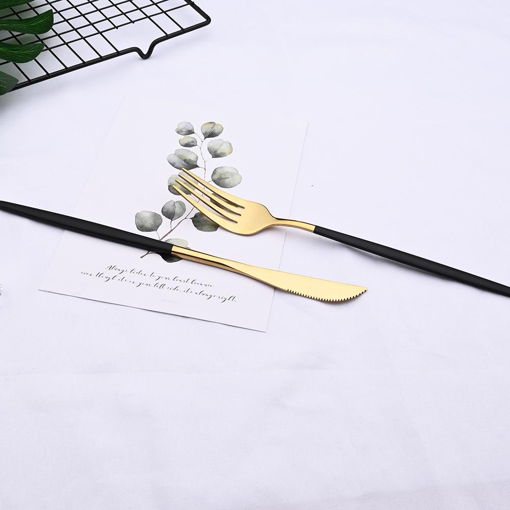 24stk sort gull servisesett rustfritt stål bestikksett kjøkkengaffel kniv skjeer servisesett bestikksett sølvtøy stativ