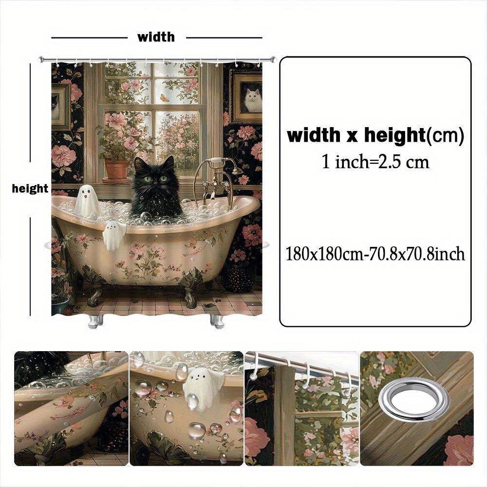 1pc Black Cat in Bathtub Shower Curtain - Ghost Decor, Pink Floral Design, Polyester, 70x70", 12 Hooks, Whimsical Scene