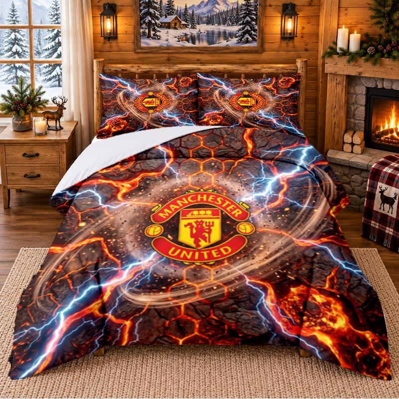 Drukowany 3-częściowy komplet pościeli Wzór Manchester United Prześcieradło Poszewka na poduszkę Do wystroju sypialni