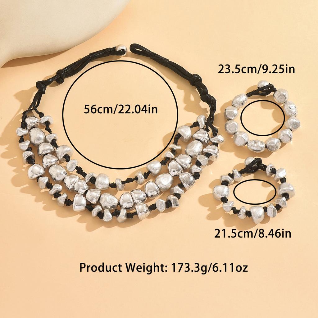 Mehrschichtiger Punk Übertriebene Unregelmäßige Runde Perlen Geknotete Seil Choker Halskette Armband Set Modeschmuck Heißer Verkauf Party Geschenk