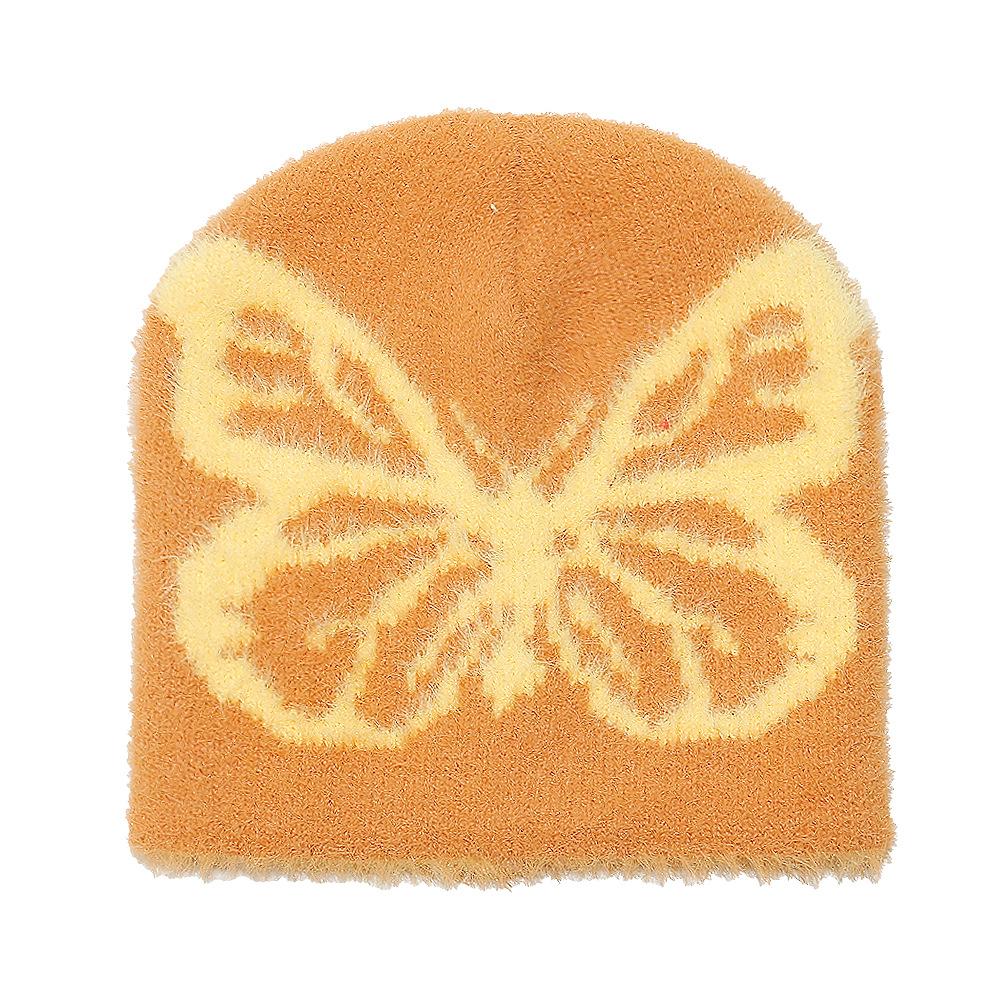 Herbst und Winter Damen Strickwollmütze kältebeständig und warm Skimütze Schmetterlingsjacquard Imitation Nerzfell Pullovermütze Damen