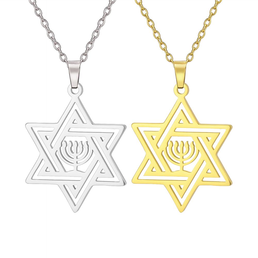 Star of David Hanukkah Menorah Necklace Stainless Steel Hexagram Protection Amulet Religious Pendant Je Jewelry