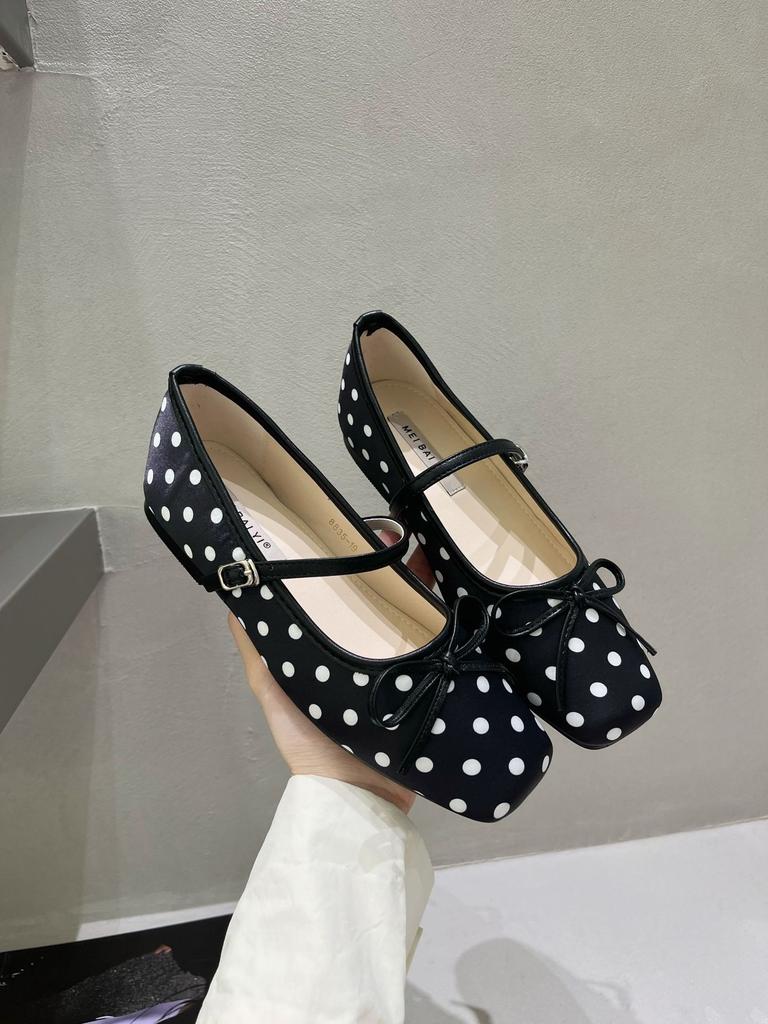 French Retro Polka Dot Small Single Shoes Square Head Mary Jane Shoes Summer Women'S Word With Flat Shoes
