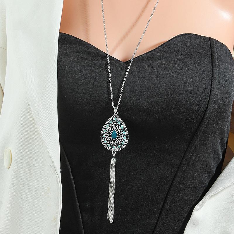 Ethnic Temperament Water Drop Earrings Necklaces Set for Women Vintage Hollow Drop Glaze Tassel Necklace Boho Female Jewelry