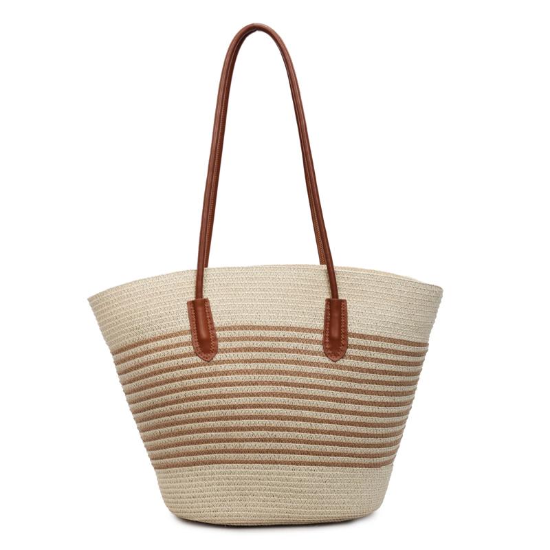 Стильная плетеная сумка-тоут в полоску для женщин – пляжная сумка с кожаными ручками и летним дизайном белый