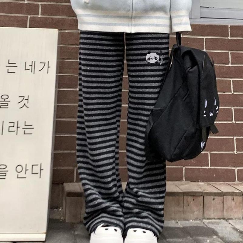 Harajuku Cartoon Embroidery Pants Women Kawaii Striped Loose Casual Korean Trouser Y2K Subculture Vintage Female Wide Leg Pants