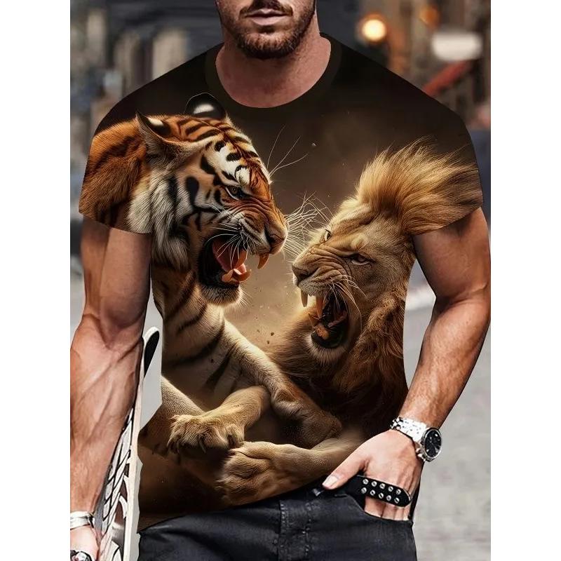 T-shirt da uomo alla moda con scollo rotondo, manica corta, stampa animale 3D a colori, manica corta con scollo rotondo