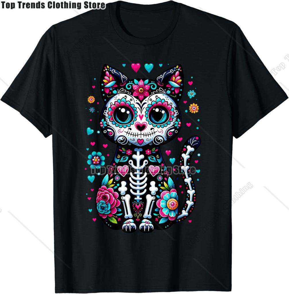 Cute Sugar Skull Cat Dia De Los Muertos Day of The Dead TShirt Mexican Summer Fashion Short Sleeved Tee TopsCasual Tshirt